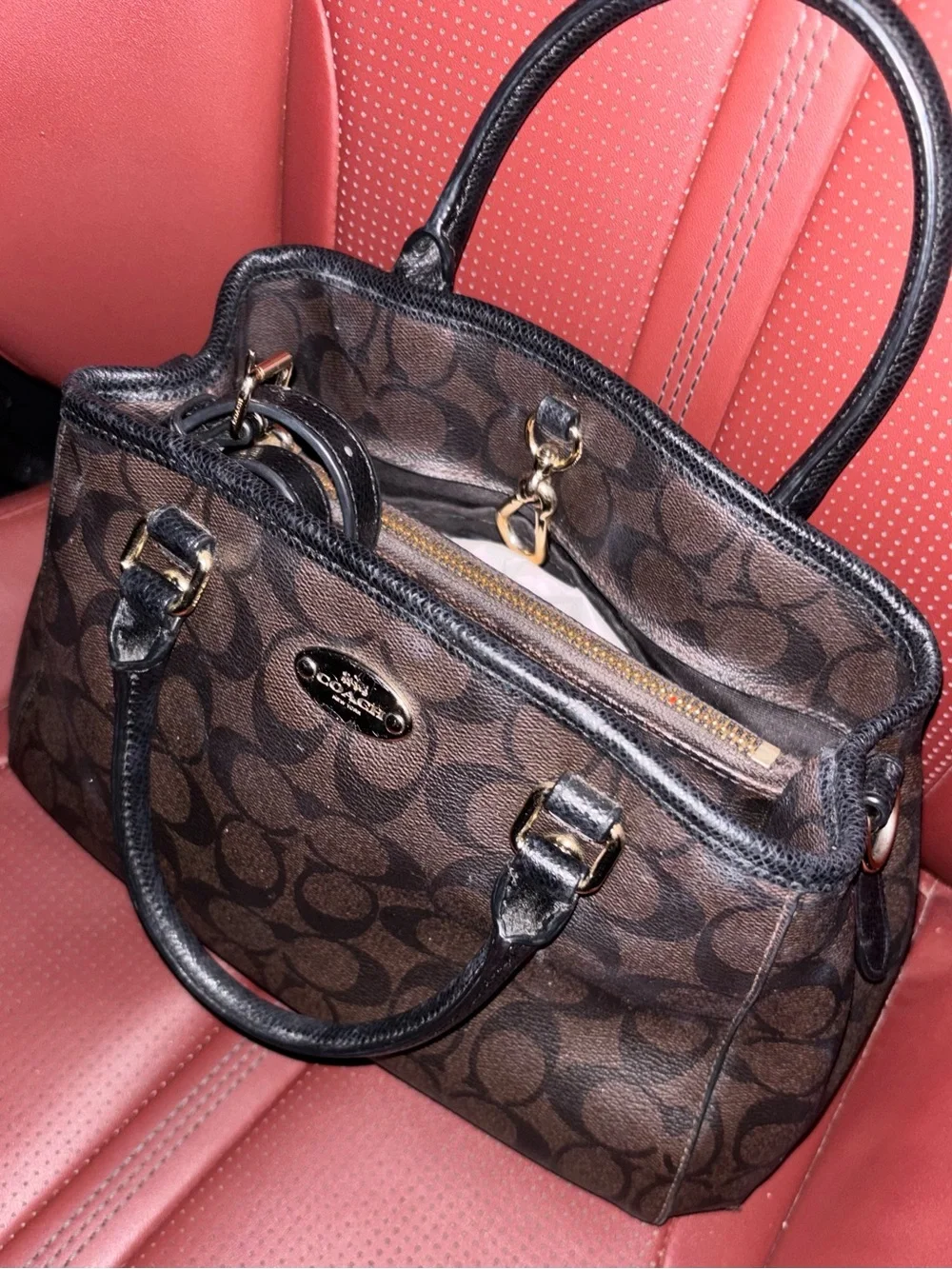Coach Brown Signature Satchel with Black Handles
